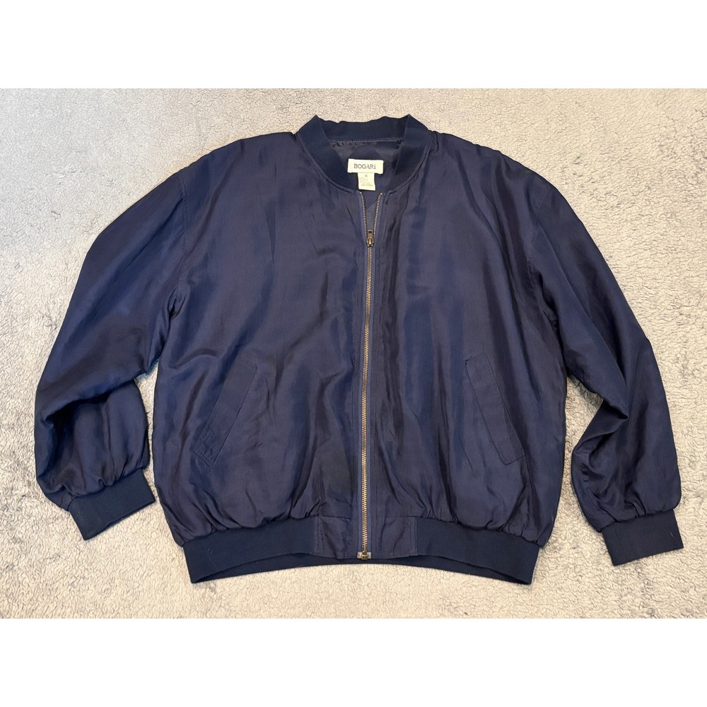 Bogari Mens Navy Blue 100% Silk Full Zip Bomber Jacket Size Medium RN 78834